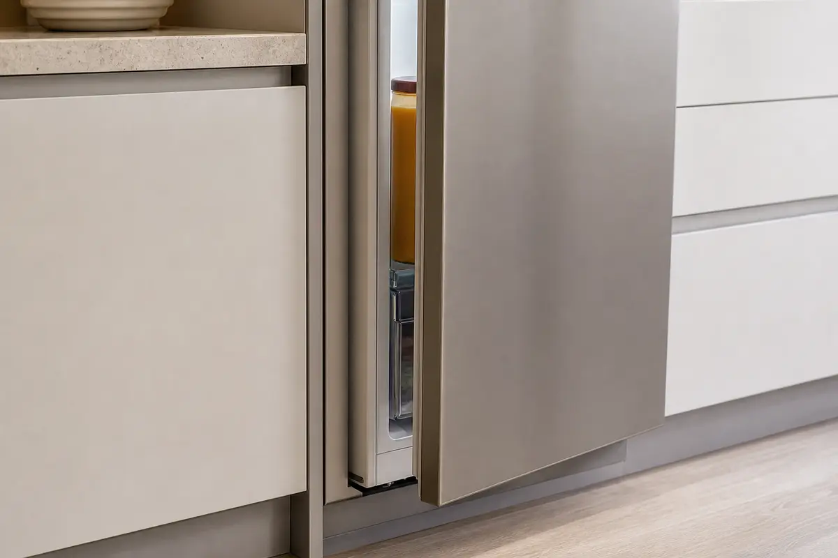 Tall container and refrigerator drawer holding a stainless refrigerator door slightly open