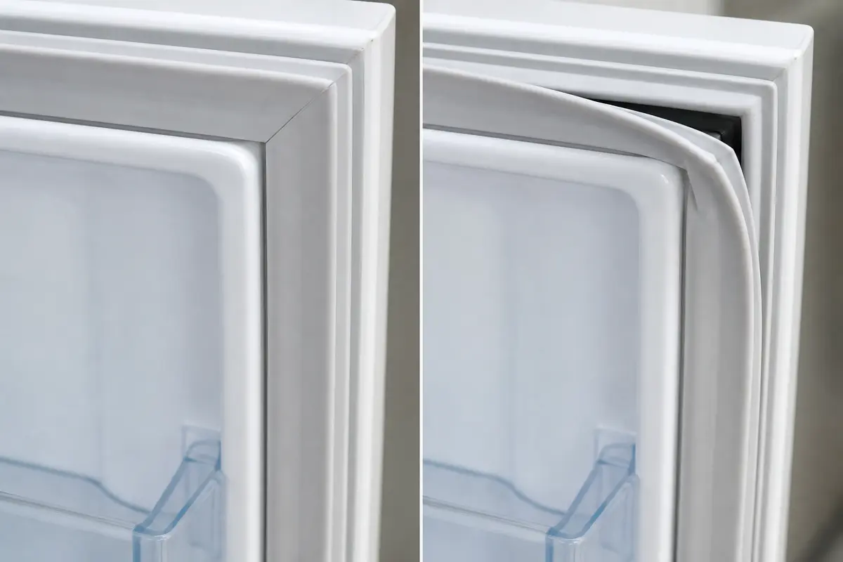 Refrigerator door gasket correctly seated on one side and a corner out of its groove on the other