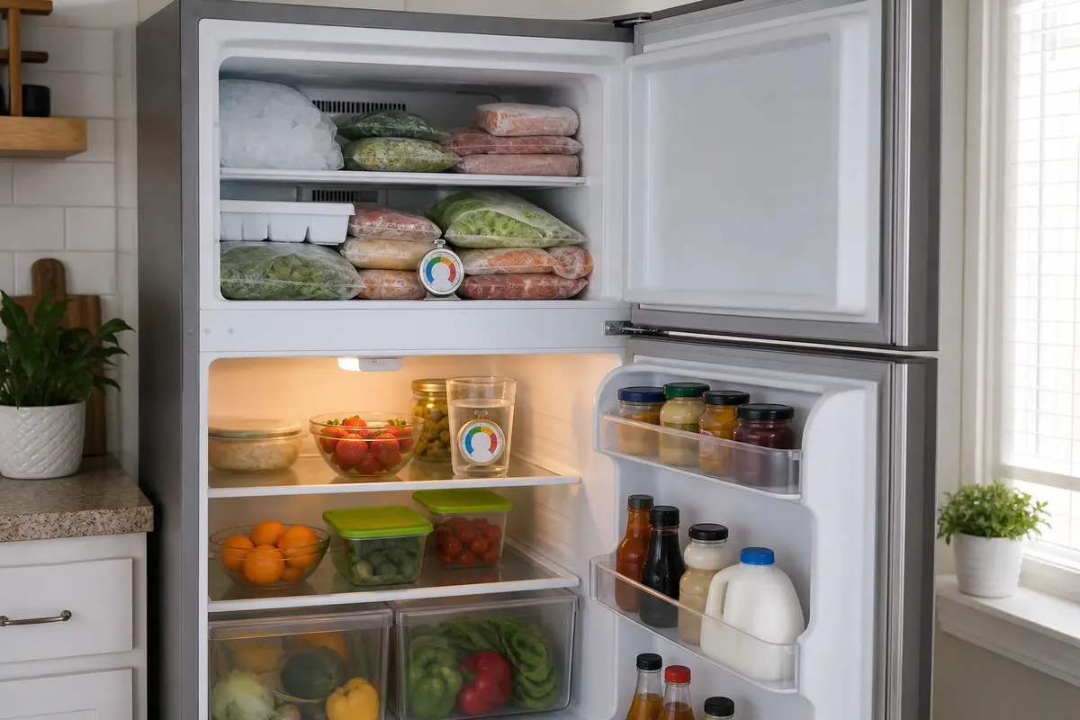 Appliance thermometers placed in a glass of water in refrigerator and among frozen packages in freezer