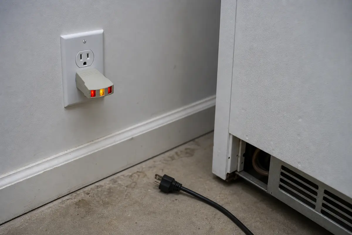 Outlet tester used before diagnosing a Mossy Oak chest freezer overload protector