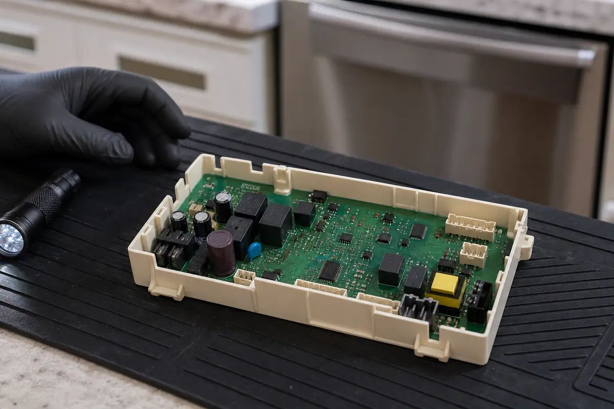 Dishwasher main control board replacement part category with caution to diagnose first
