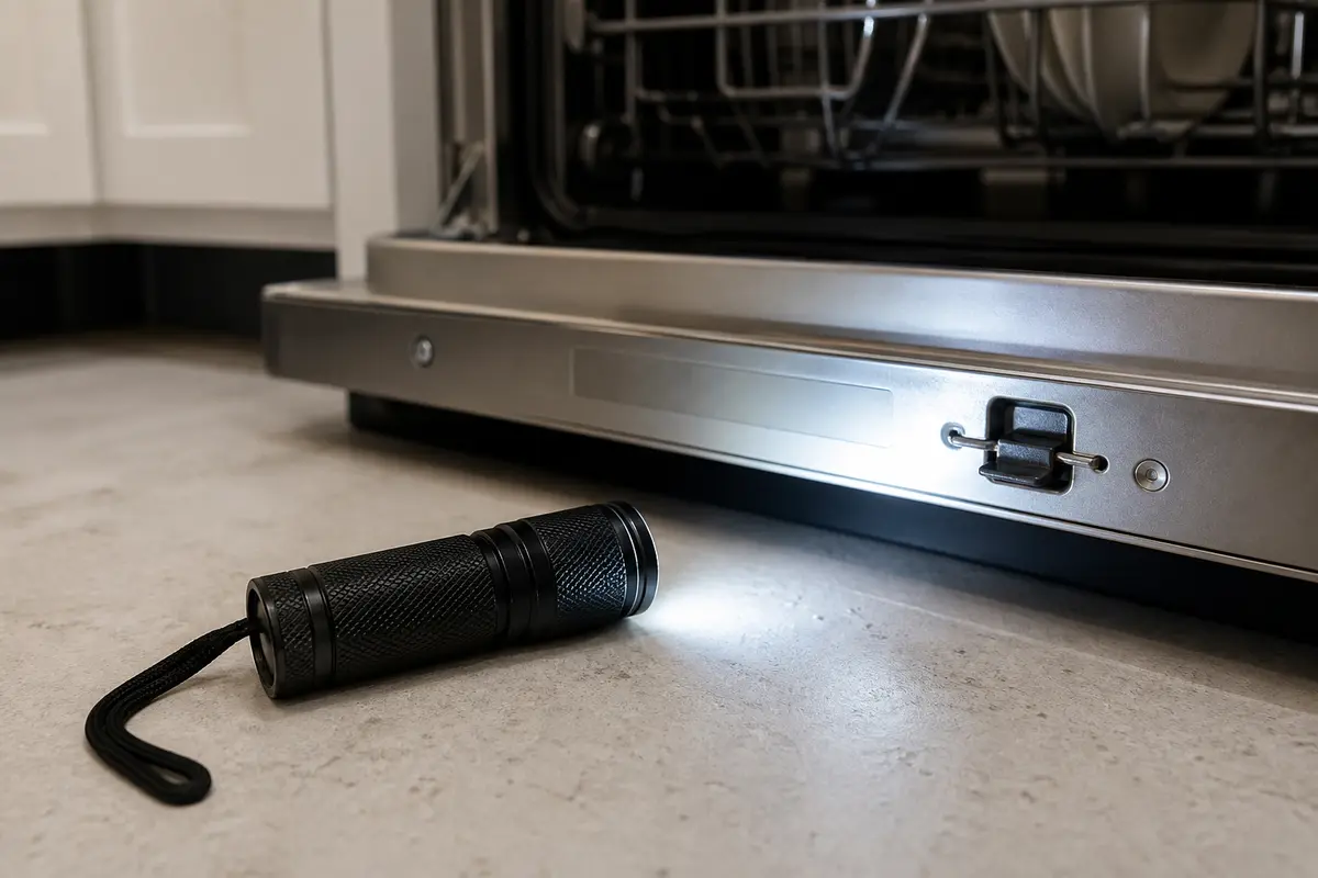 Flashlight for checking dishwasher latch area, plug, switch, and model label