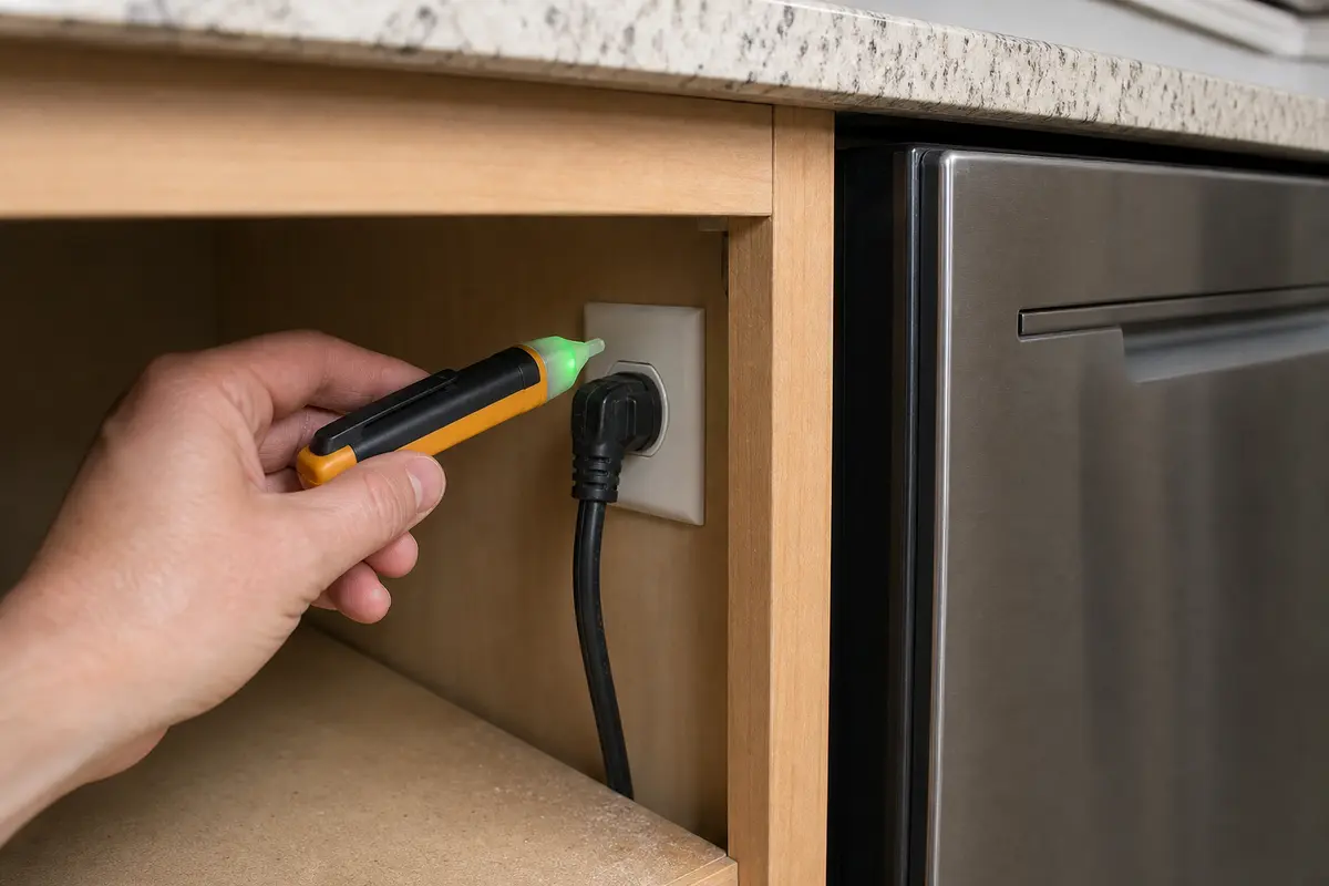 Non-contact voltage tester for basic no-touch dishwasher power checks