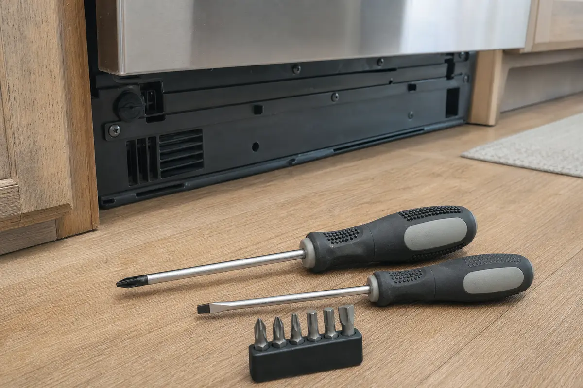 Screwdriver set for basic dishwasher panel and latch-area access after power is off