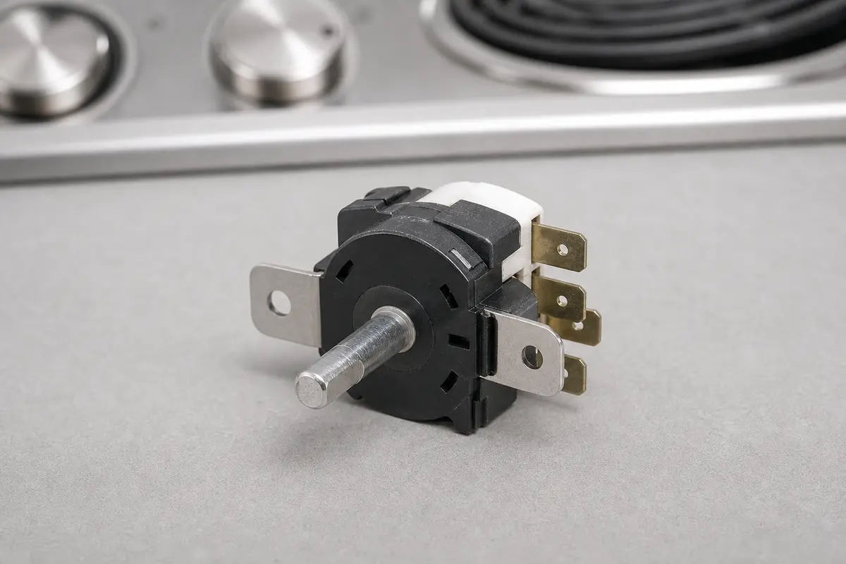 Cooktop infinite switch with shaft, mounting ears, and spade terminals