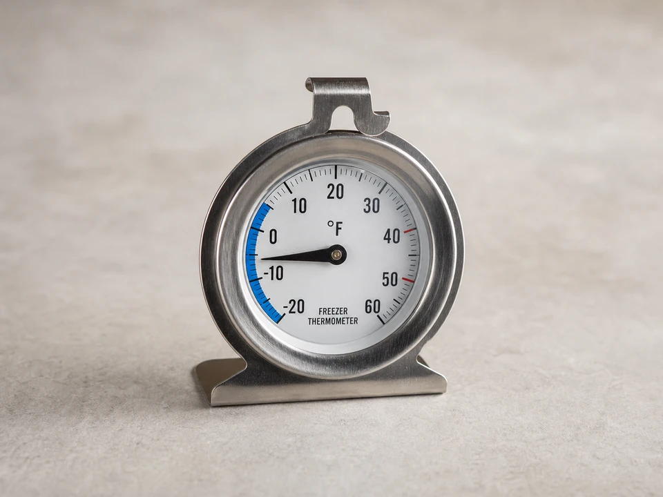 Freezer thermometer used to watch Mossy Oak chest freezer recovery after overload service