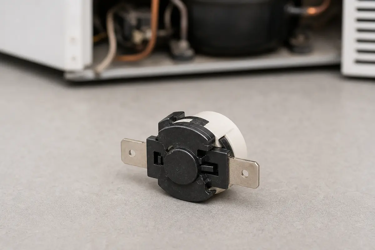 Freezer compressor overload protector with two metal terminals
