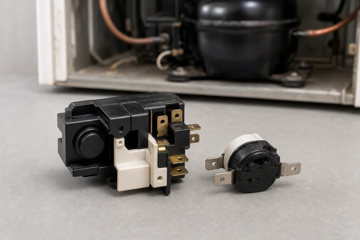 Freezer start relay and overload assembly with matched compressor terminals
