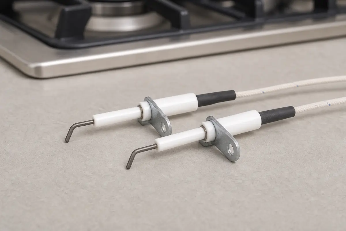 Replacement cooktop spark electrodes with ceramic bodies, brackets, and lead wires