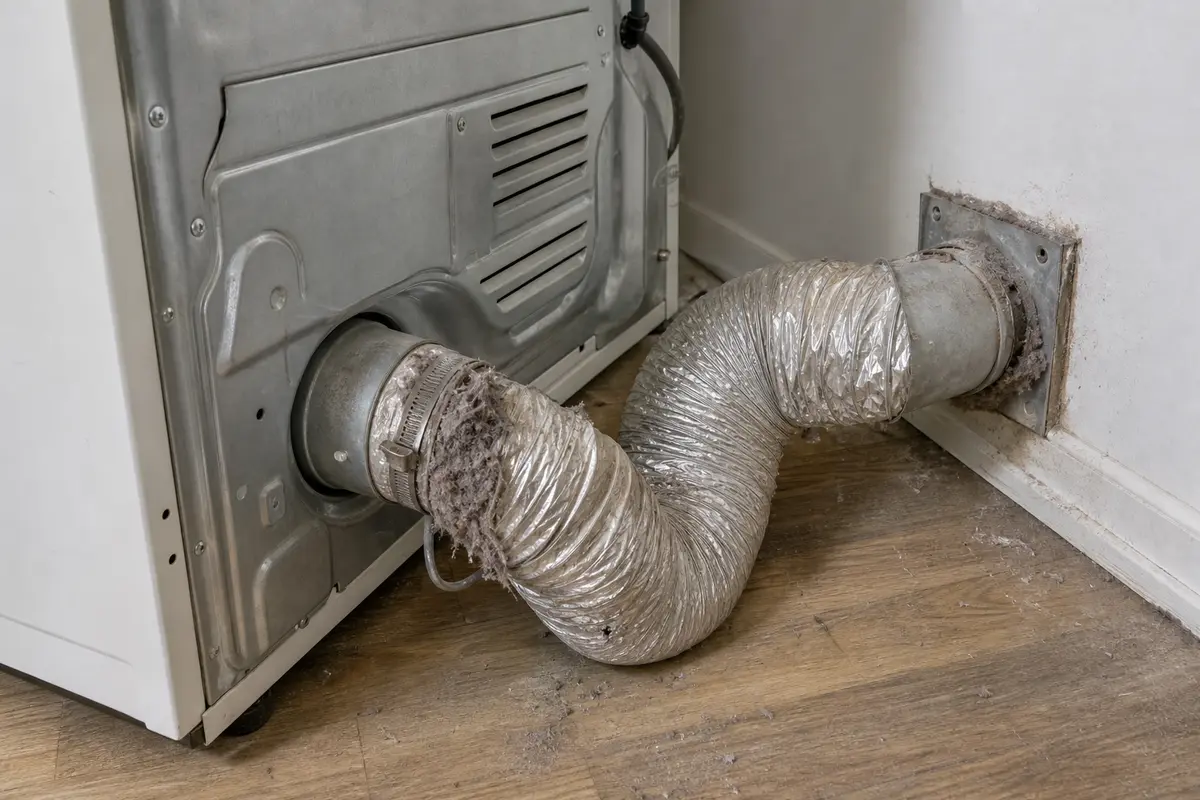 Amana-style dryer pulled forward with lint screen removed and kinked vent hose visible for airflow diagnosis