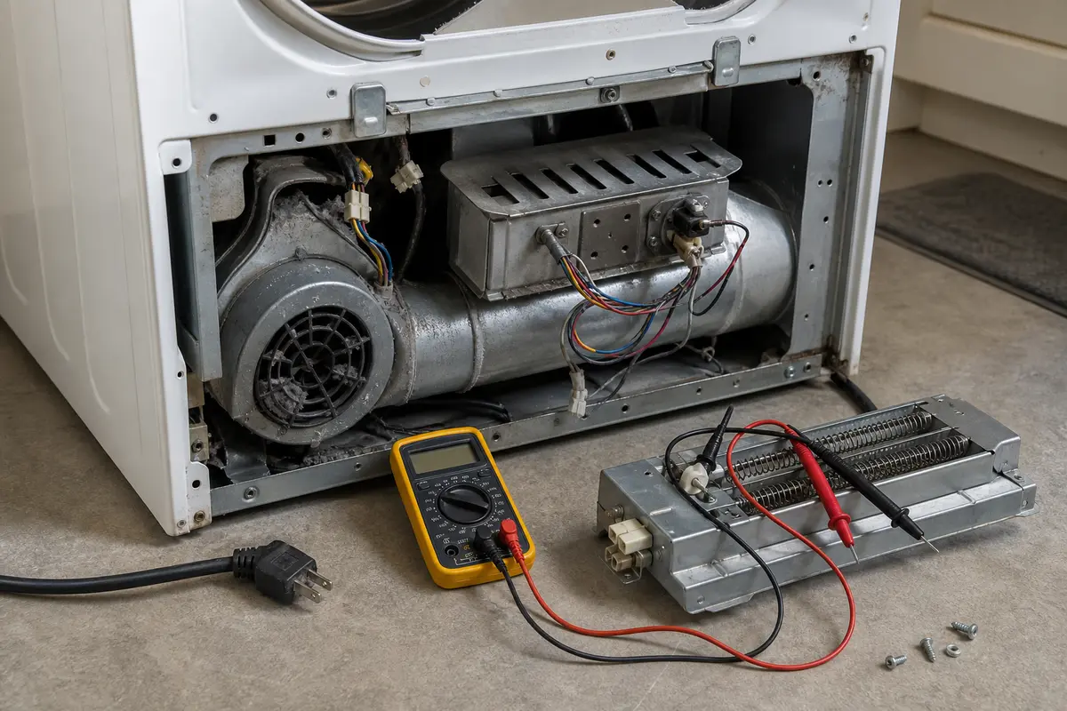 Unplugged dryer heat circuit parts with a multimeter checking a thermal cutoff for continuity