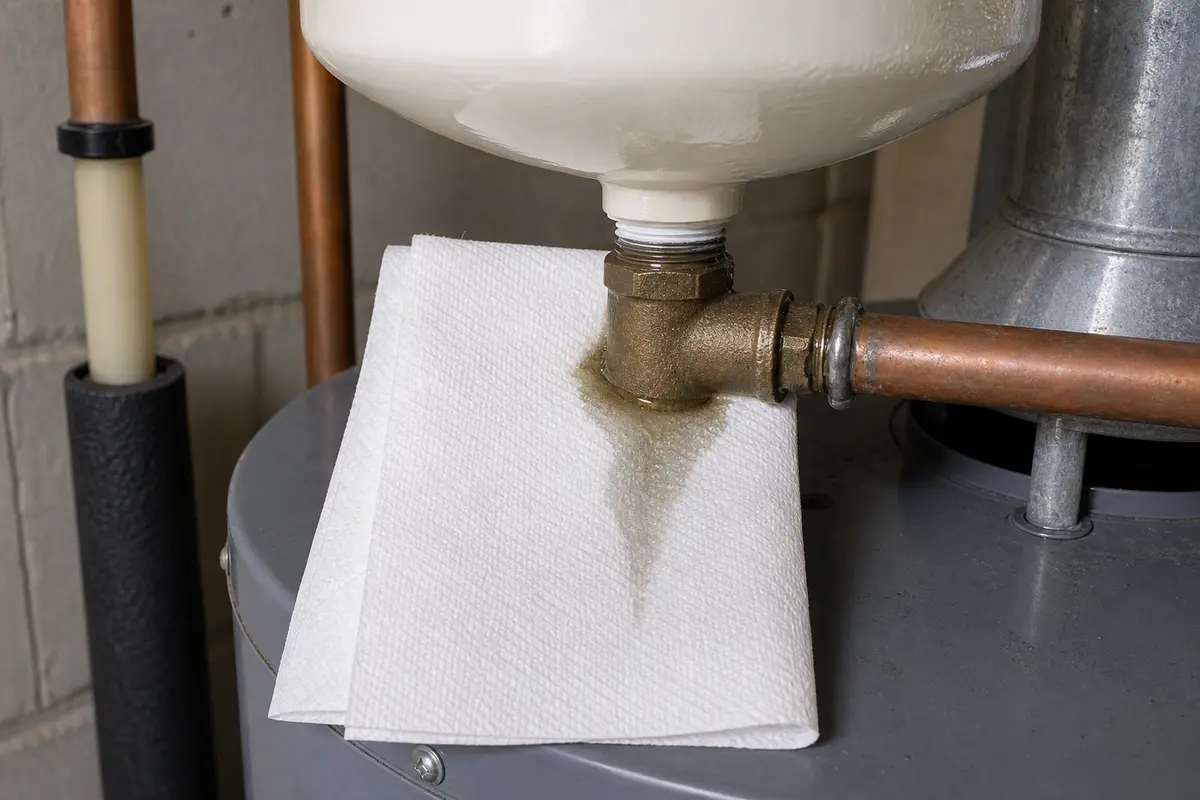 Paper towel tracing first wet point on water heater piping above a bottom leak area