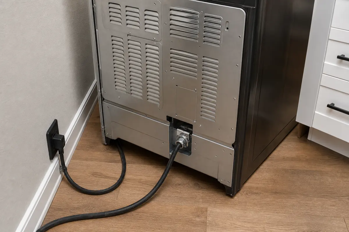 Rear cord area of a Bosch range checked for safe visible power clues with power off