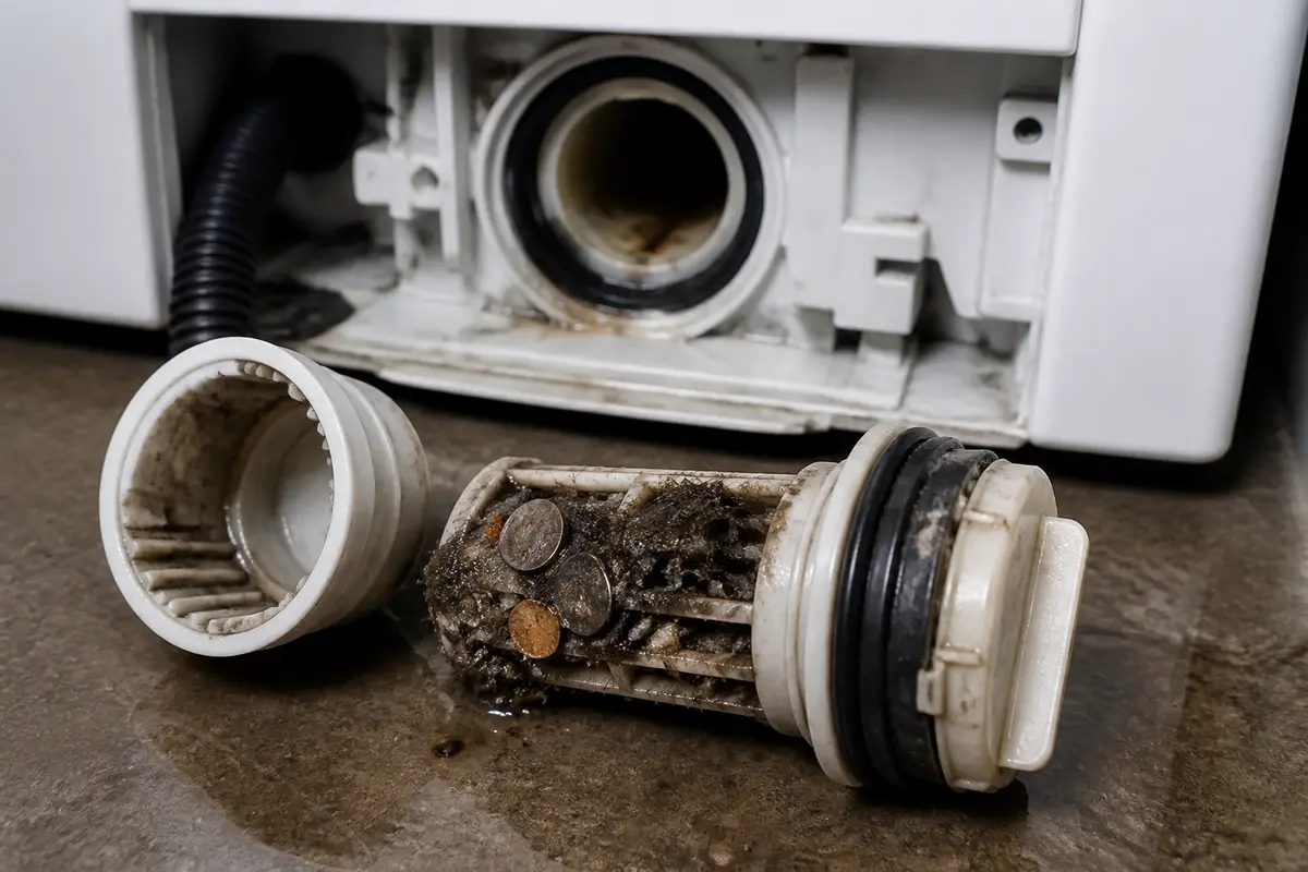 Bosch washer pump filter removed with lint coins and small debris visible near the impeller pocket
