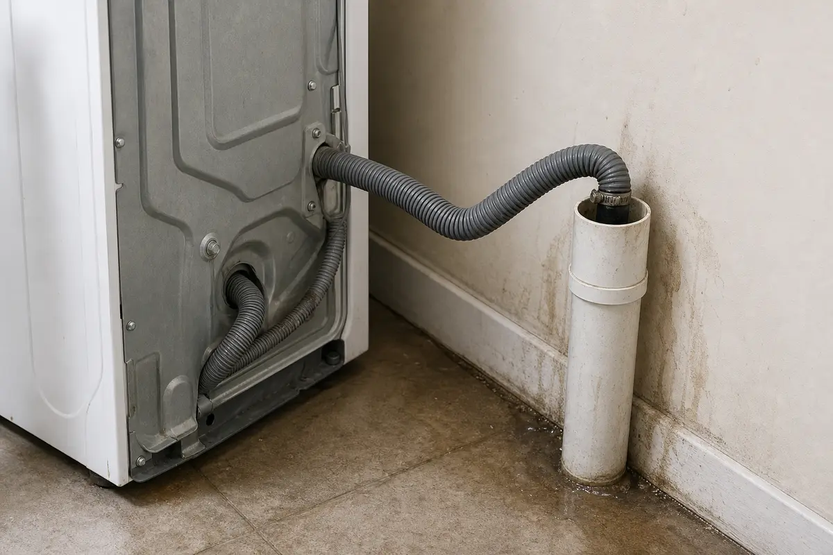 Bosch washer drain hose pushed into a standpipe with a tight bend behind the machine during E18 F18 troubleshooting