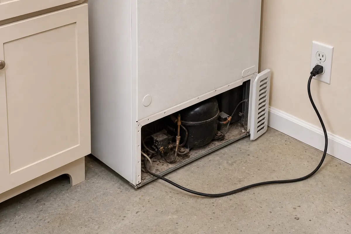 Calex freezer lower compressor access area checked for dust, heat, cord, and outlet clues