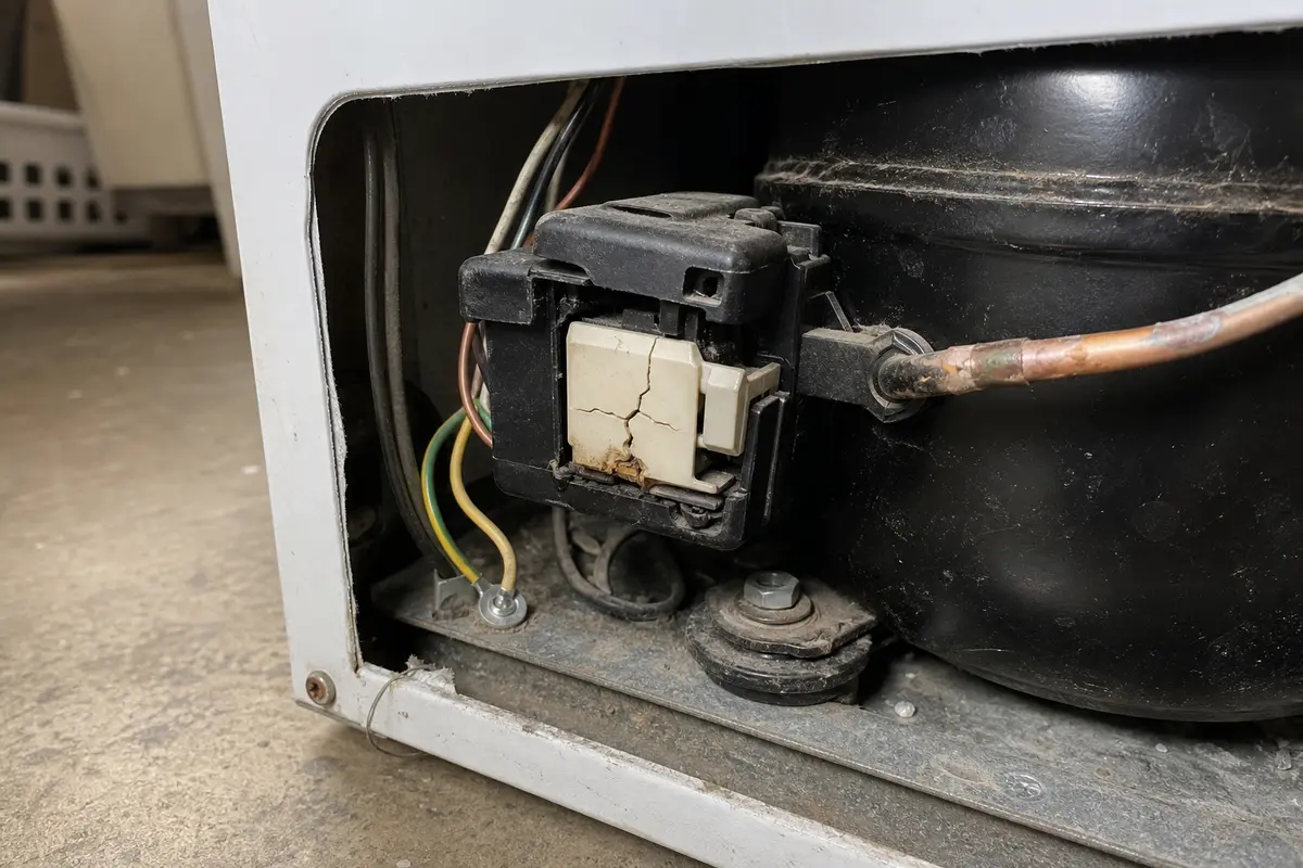 Freezer compressor start device with cracked plastic beside the compressor