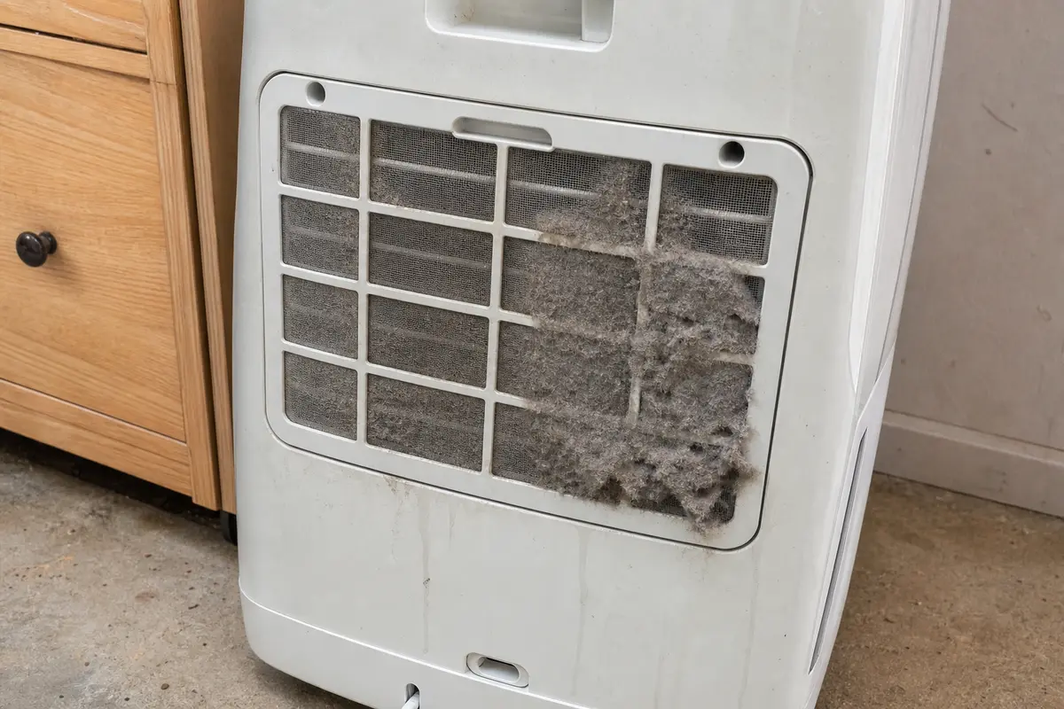 Dehumidifier intake with dusty filter and storage blocking airflow