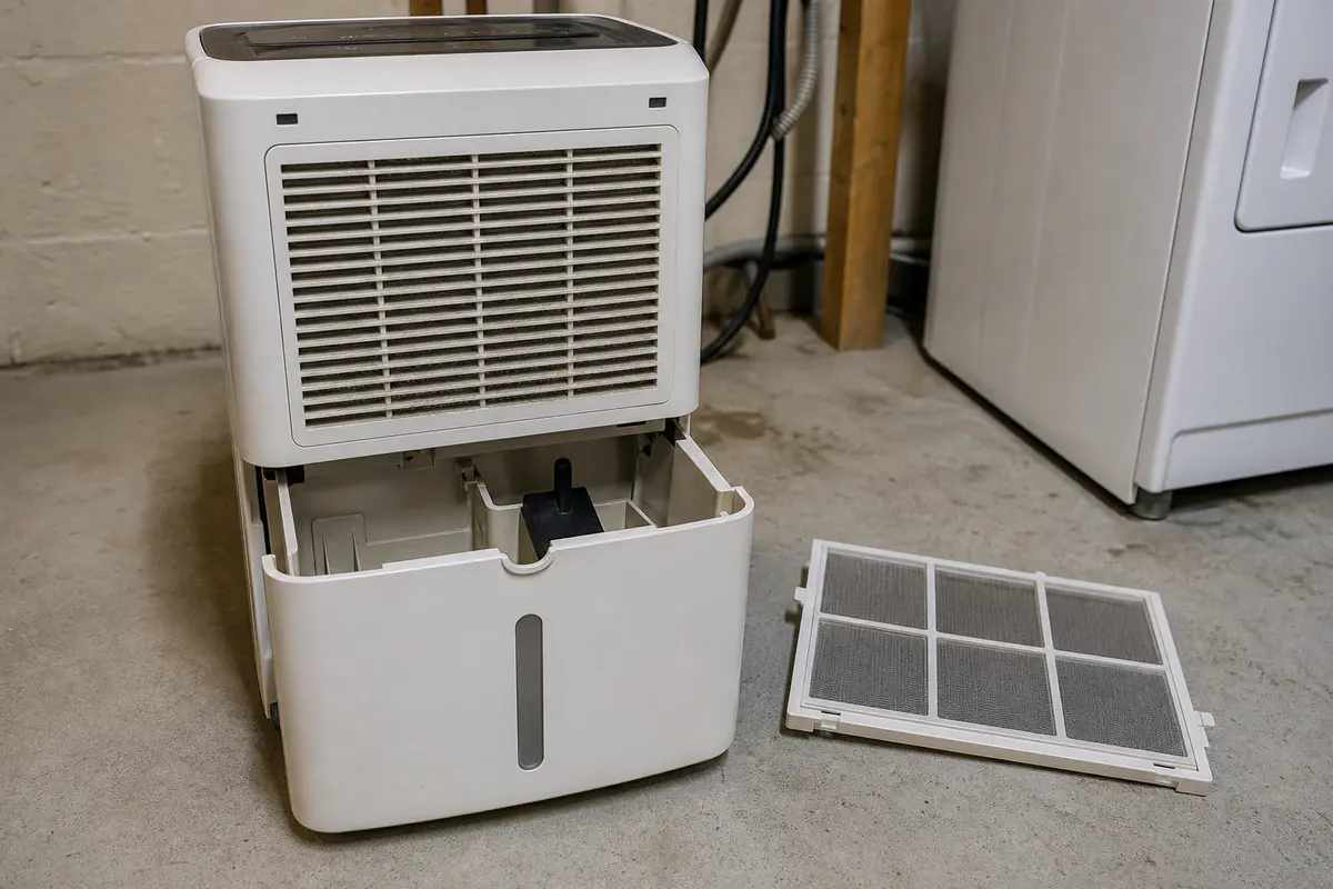 Dehumidifier with air filter and drain bucket in cleaning view
