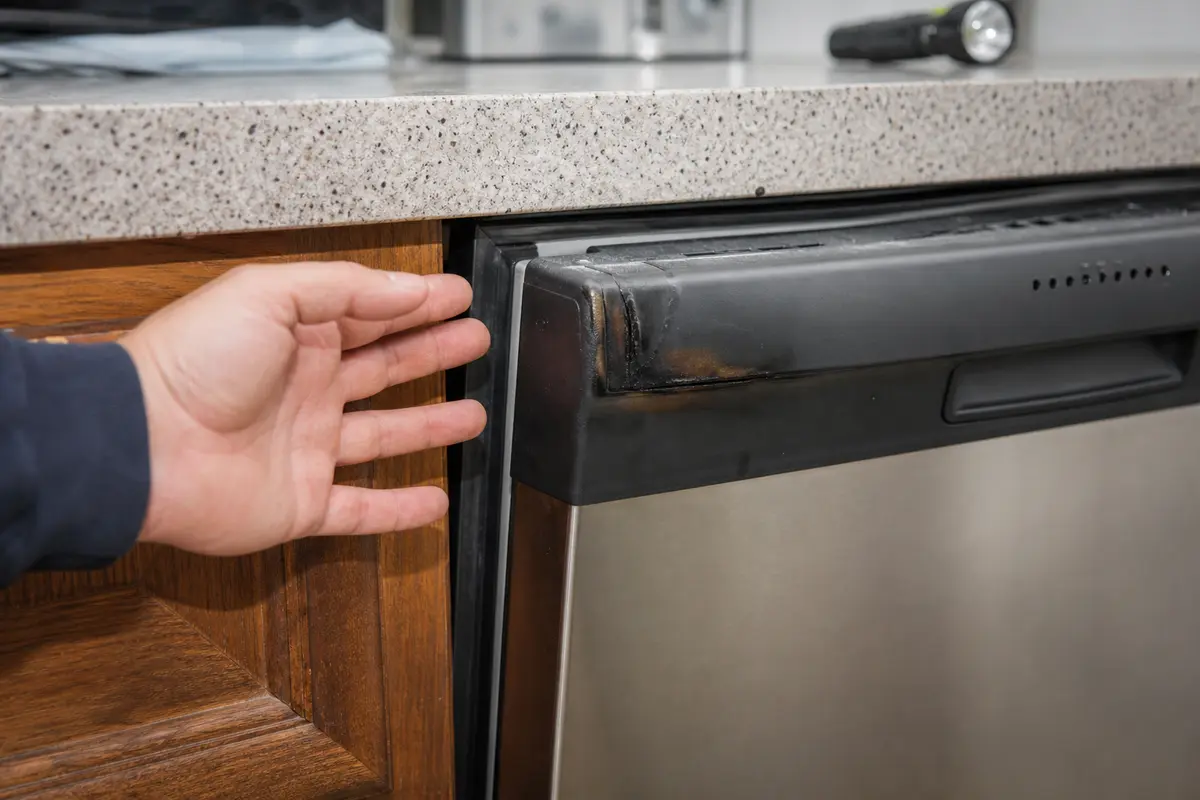 Dishwasher safety warning for burning smell, scorch marks, or breaker trips