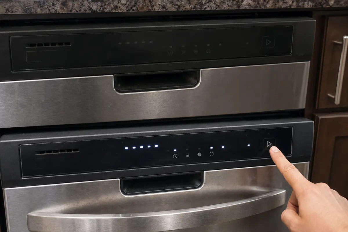 Decision guide comparing a completely dark dishwasher panel with a lit but unresponsive panel
