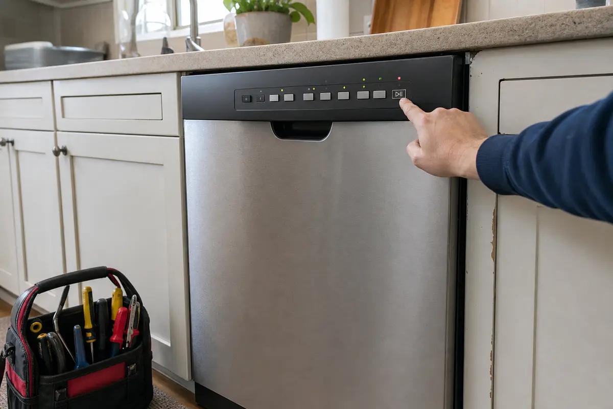 Dishwasher control panel with unresponsive buttons and a homeowner checking the display