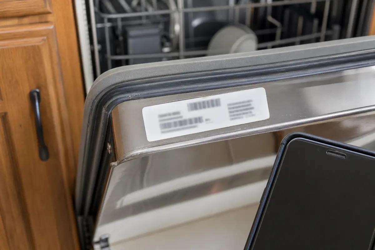 Dishwasher model number label on the door frame used before buying replacement parts