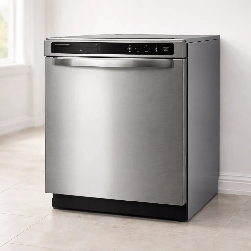Stainless steel dishwasher in a bright kitchen