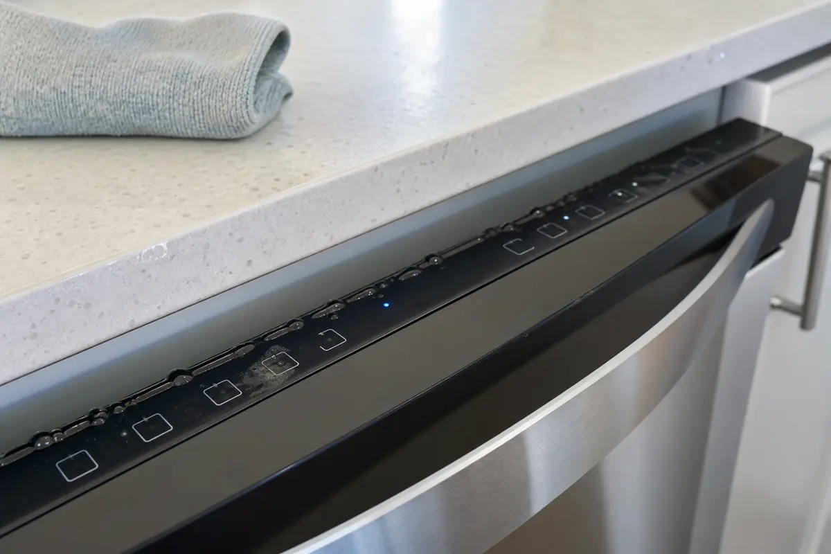 Moisture near dishwasher touchpad seam that can cause buttons to fail or beep oddly