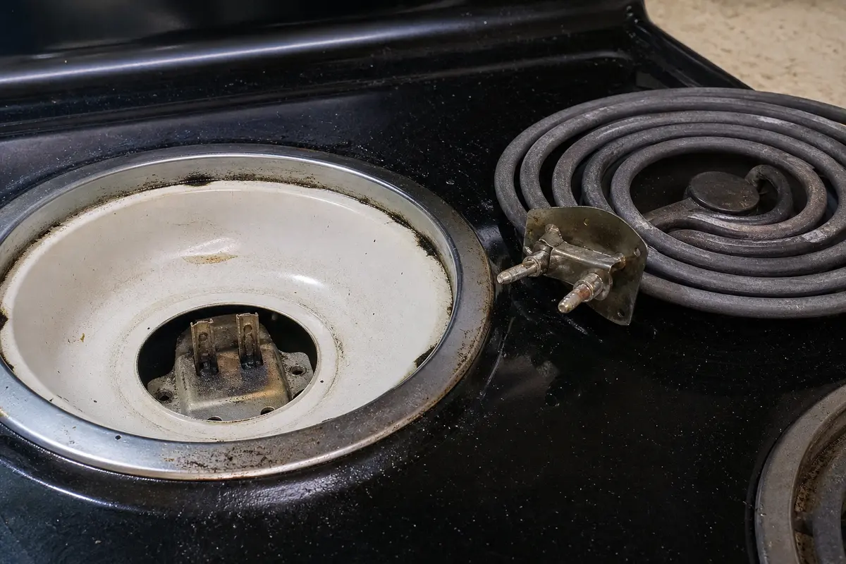GE Profile stove electric burner receptacle with heat-darkened terminals