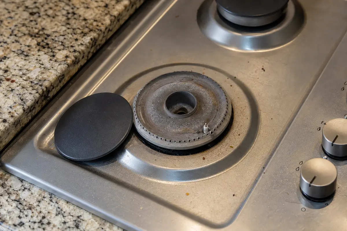 GE Profile stove gas burner cap removed beside dirty burner ports