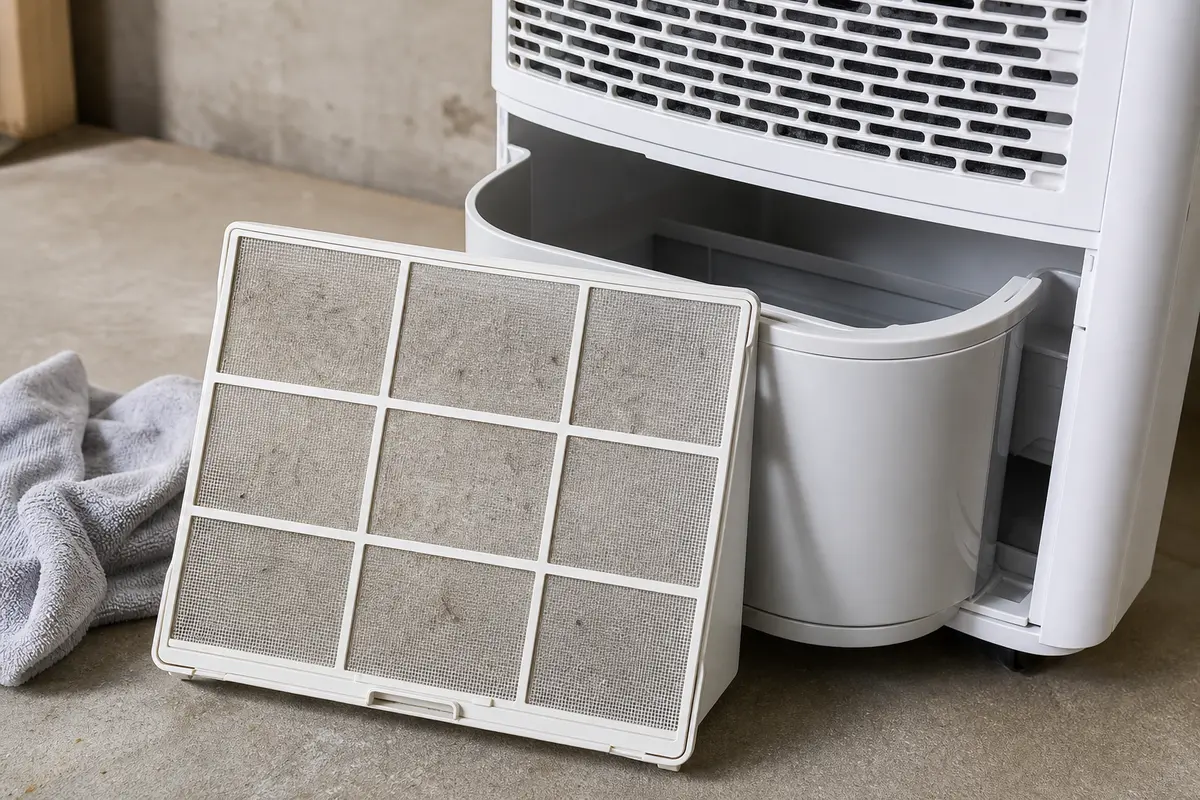 Honeywell dehumidifier EH code filter and bucket area with lint and moisture clues visible