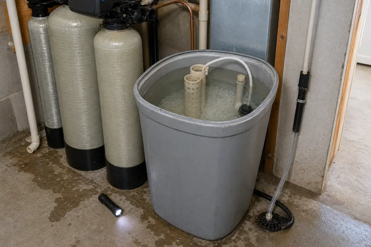 Kinetico style water softener beside an open brine tank with high water and the drain route visible