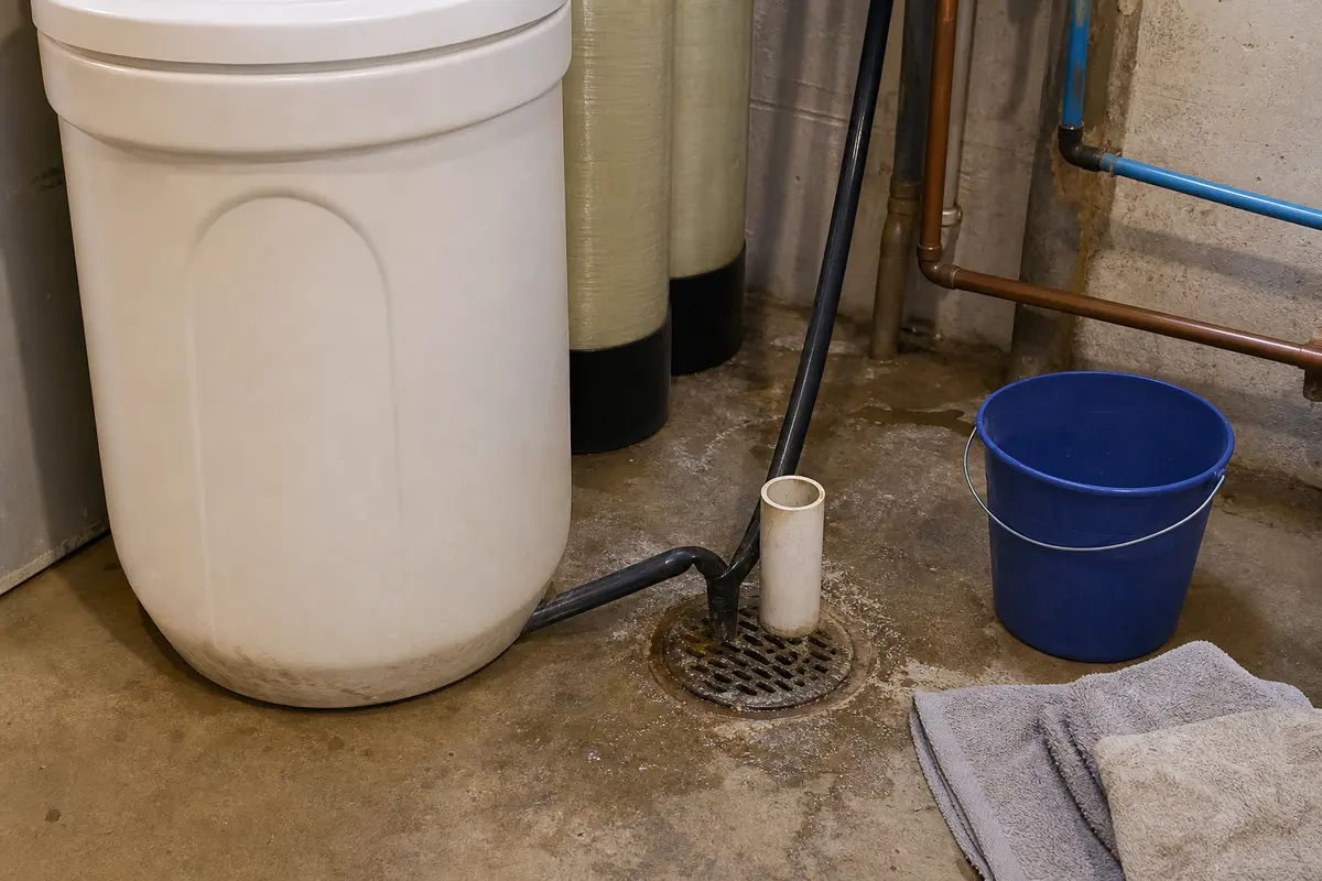 Kinetico style water softener drain line kinked near a floor drain with cleanup towels nearby