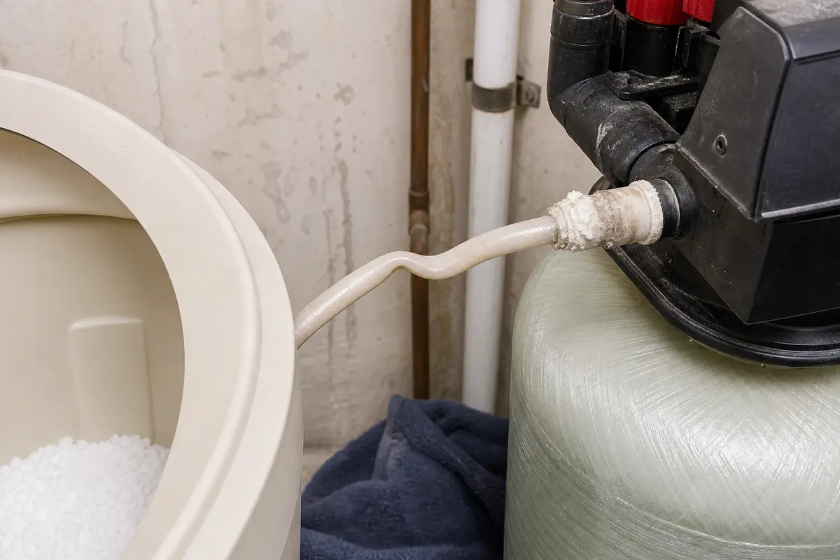 Kinetico water softener brine line kinked near the tank with salt residue at the fitting
