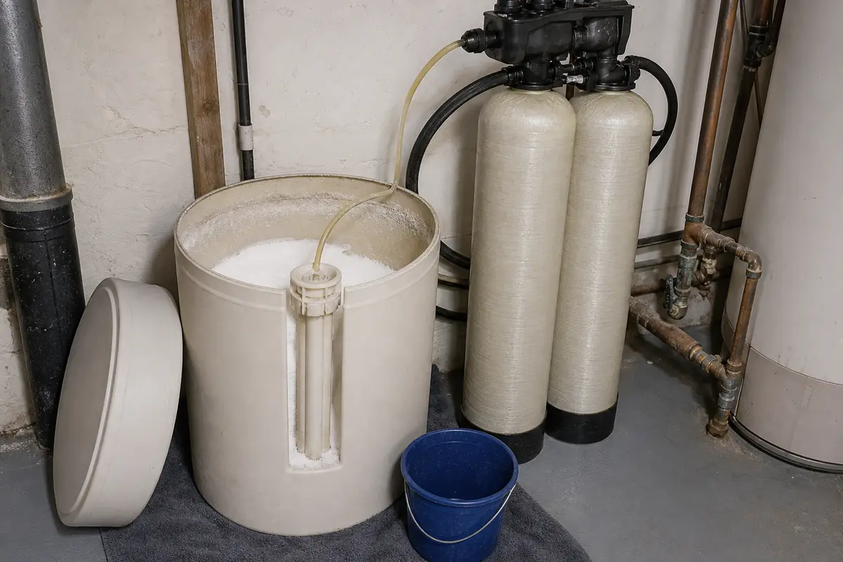 Kinetico water softener brine tank and tubing being checked for a no brine draw problem
