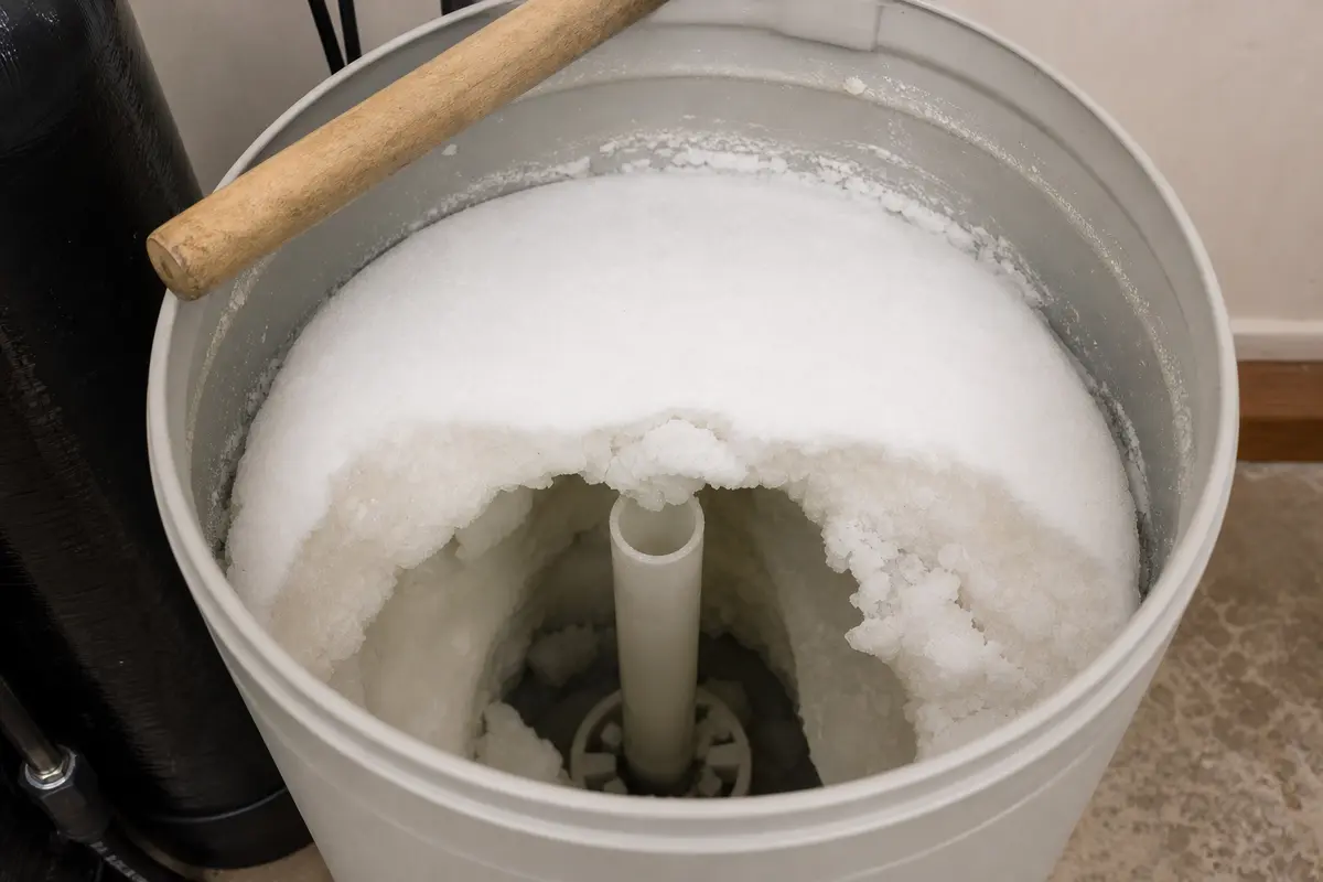 Hard salt bridge and crust in a Kinetico style brine tank blocking the pickup area