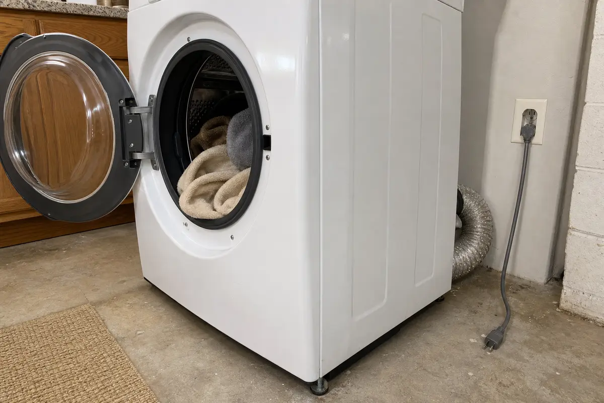 LG-style dryer pulled forward with door open, small towel load, vent hose, and unplugged cord for noise checks