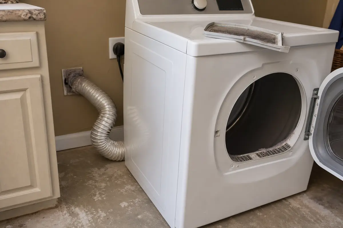 LG-style dryer pulled forward with rear vent hose visible for an airflow check