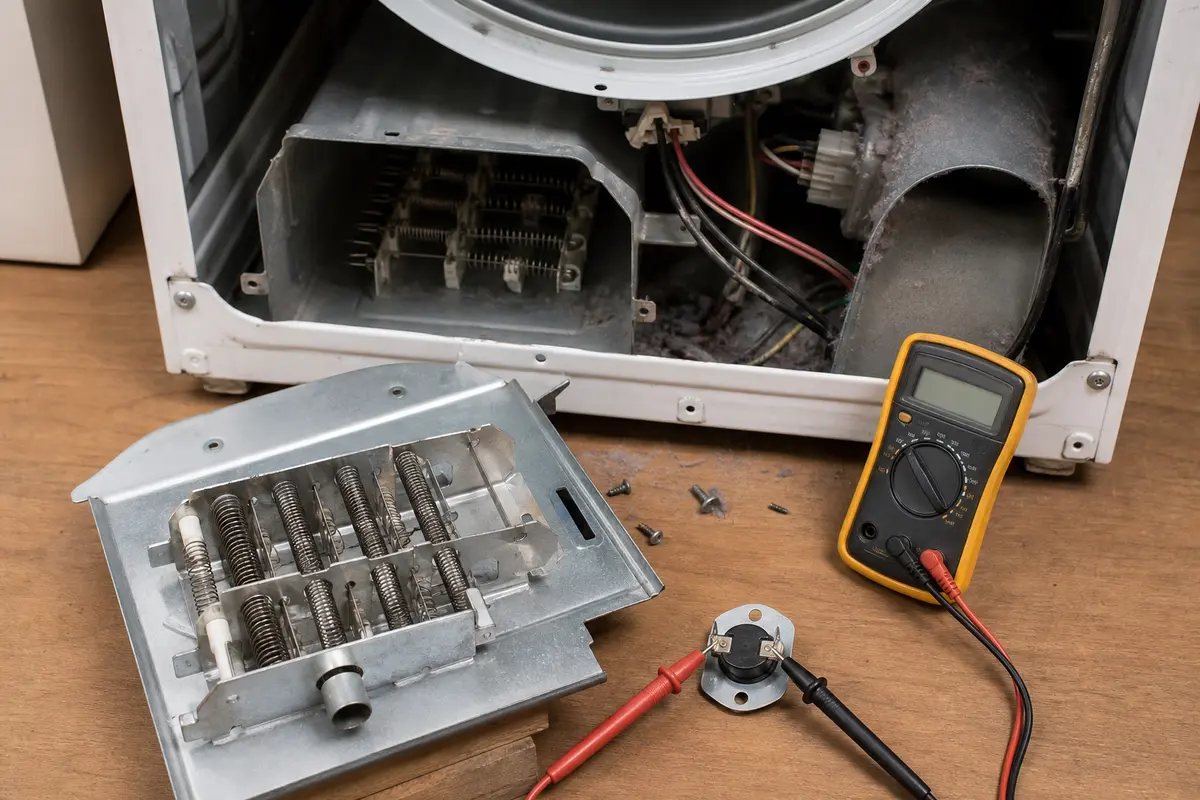 Unplugged dryer heat circuit area checked with a multimeter after airflow checks