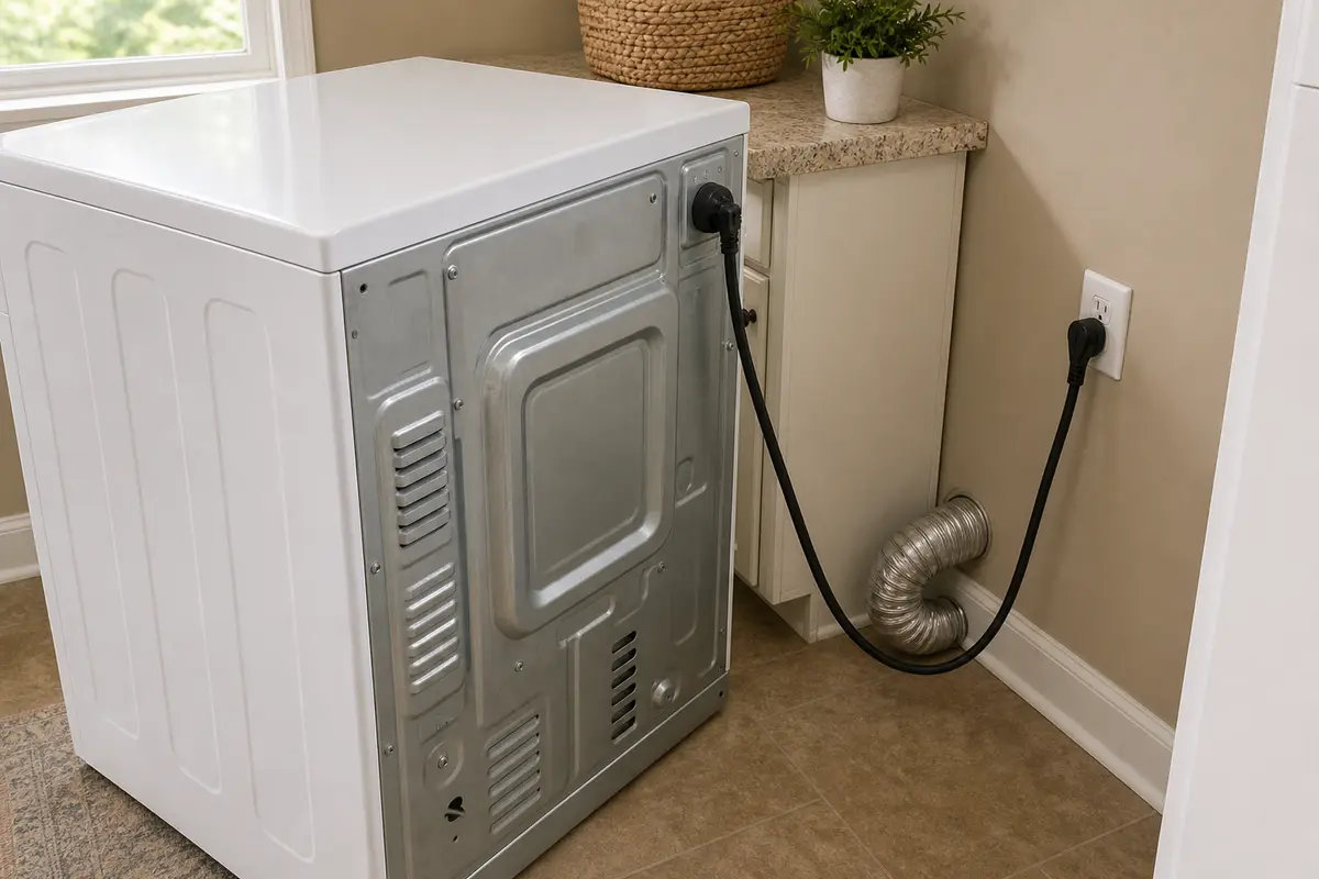 Rear of LG-style dryer with power cord and wall receptacle visible for the first no-power check