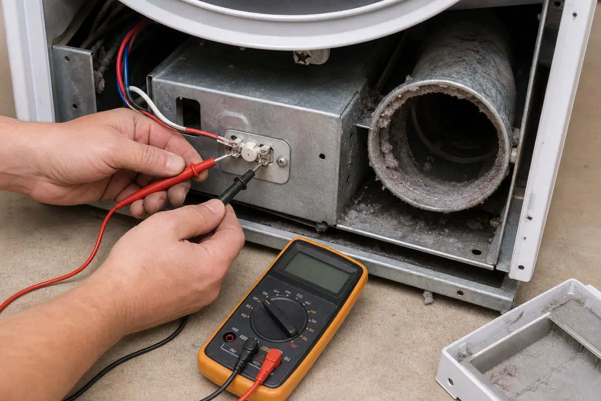 Unplugged dryer thermal fuse on blower housing checked with a digital multimeter