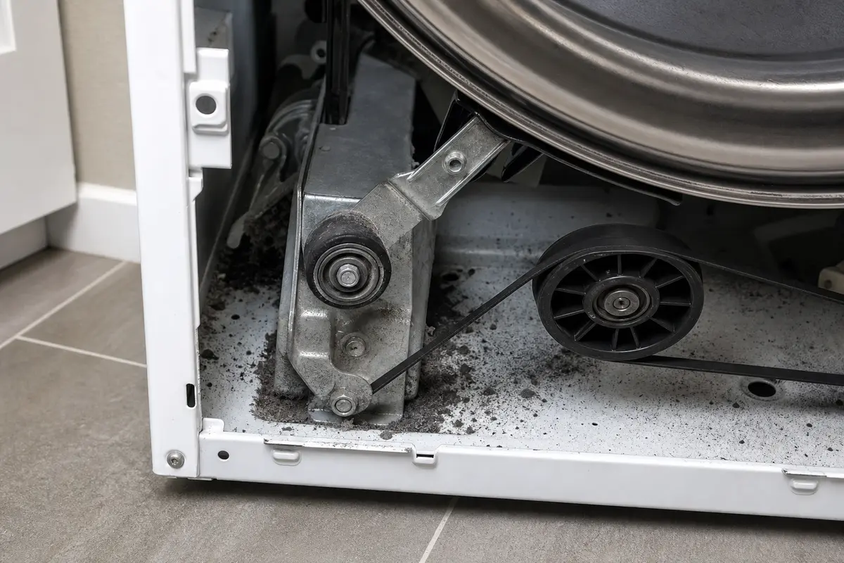 Dryer roller and idler area exposed for checking a repeating squeak