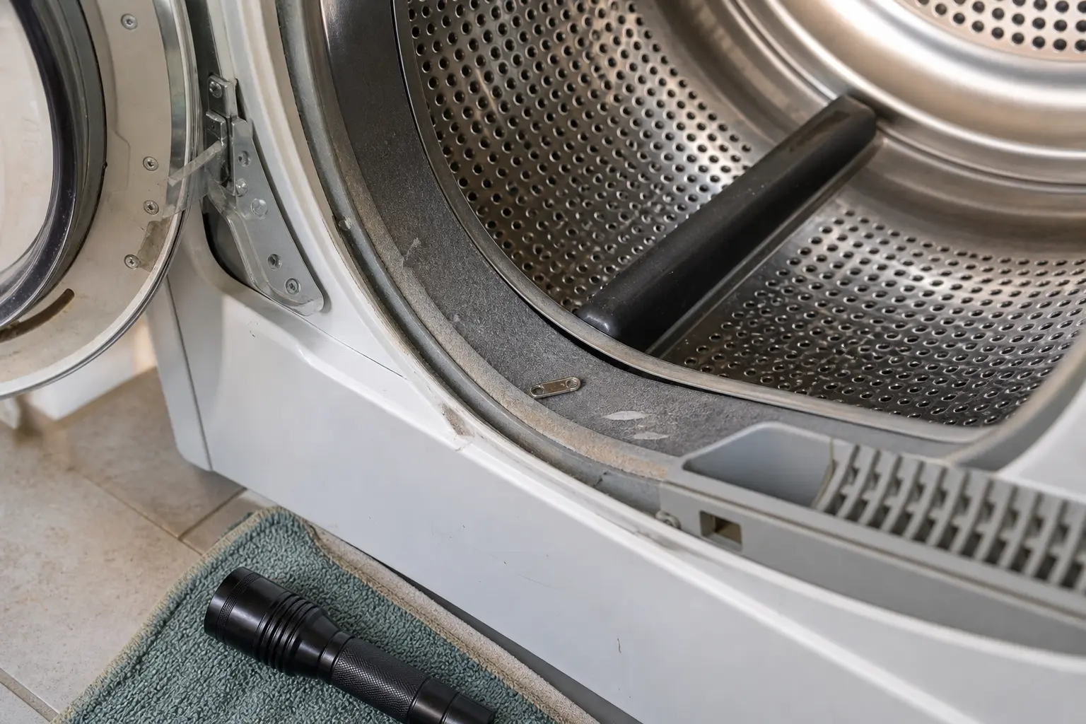 Open dryer front drum lip with a small metal object and rub marks that can make a repeating knock