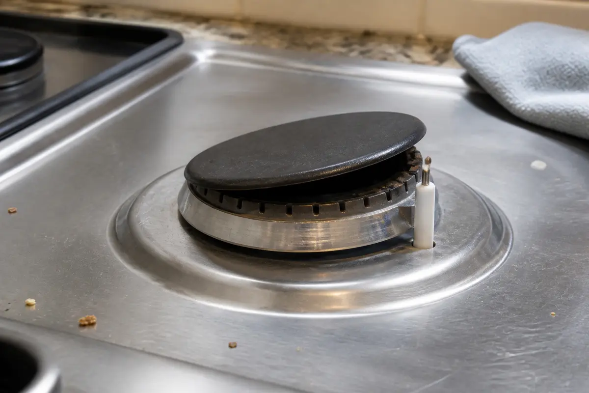 LG gas cooktop burner cap sitting crooked beside the igniter