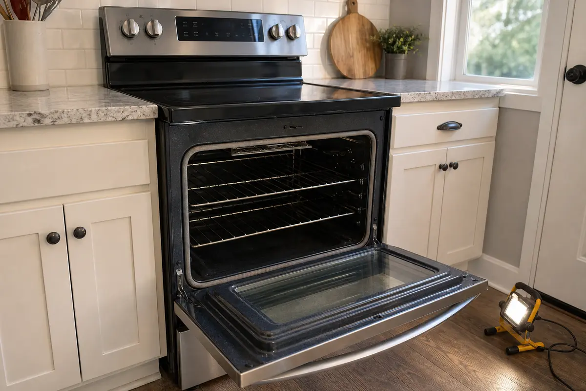 LG style oven open for beeping no-start troubleshooting in a kitchen