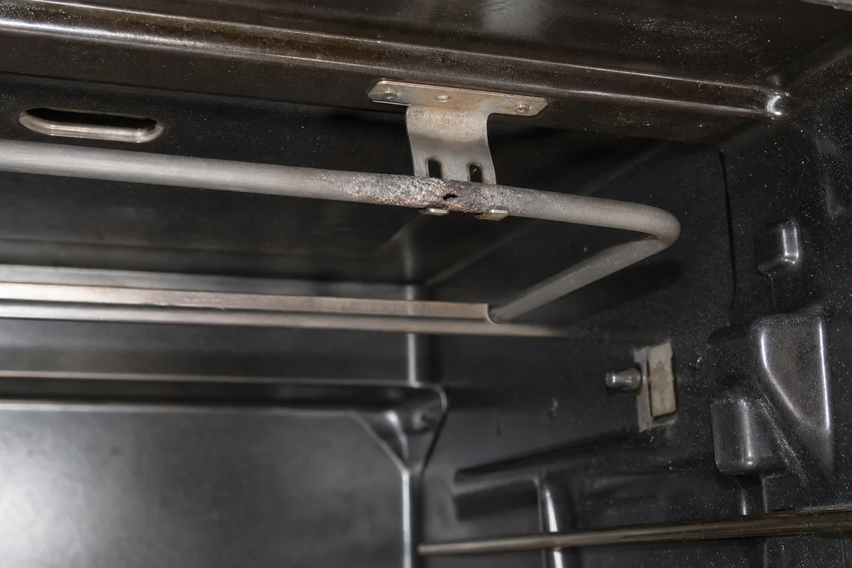 Damaged upper oven broil element with blistering and a burned split