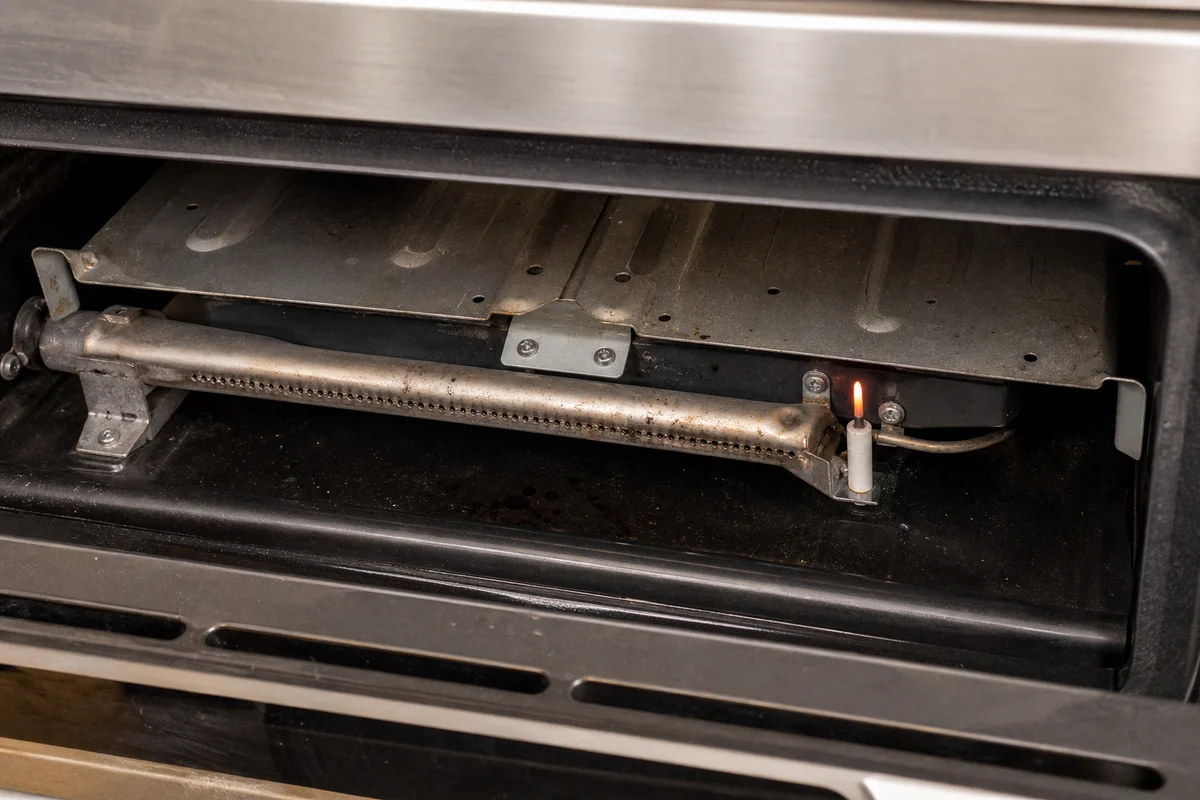 Gas oven broiler burner and igniter area used to watch ignition behavior