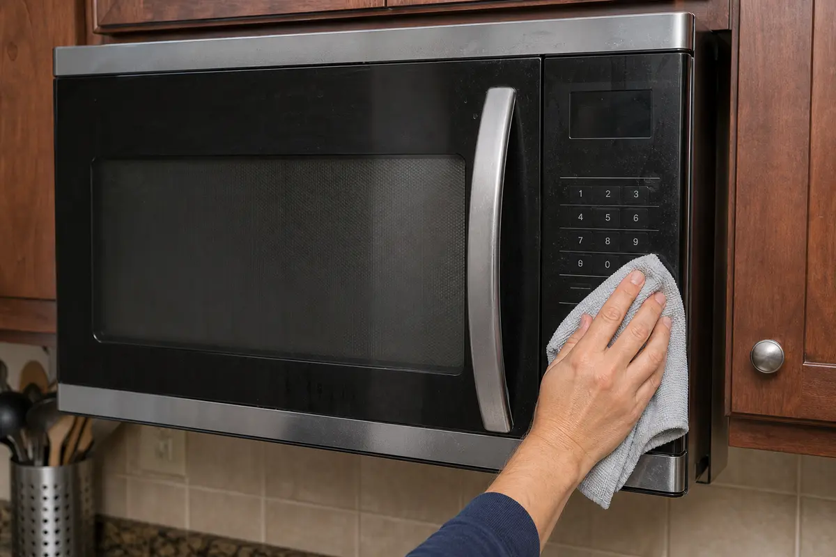 Over-the-range microwave control panel checked for sticky buttons and fan commands