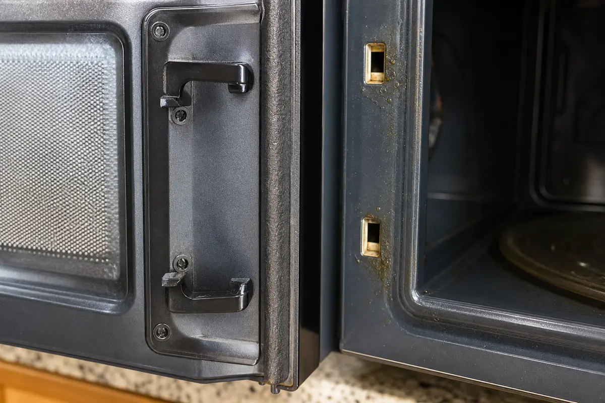 Microwave door latch hooks and latch openings inspected for misalignment